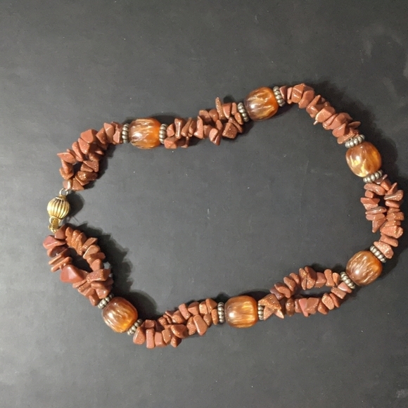 Brown Goldstone Gemstone Chip Beaded Multi Strand Statement Necklace - Picture 1 of 2